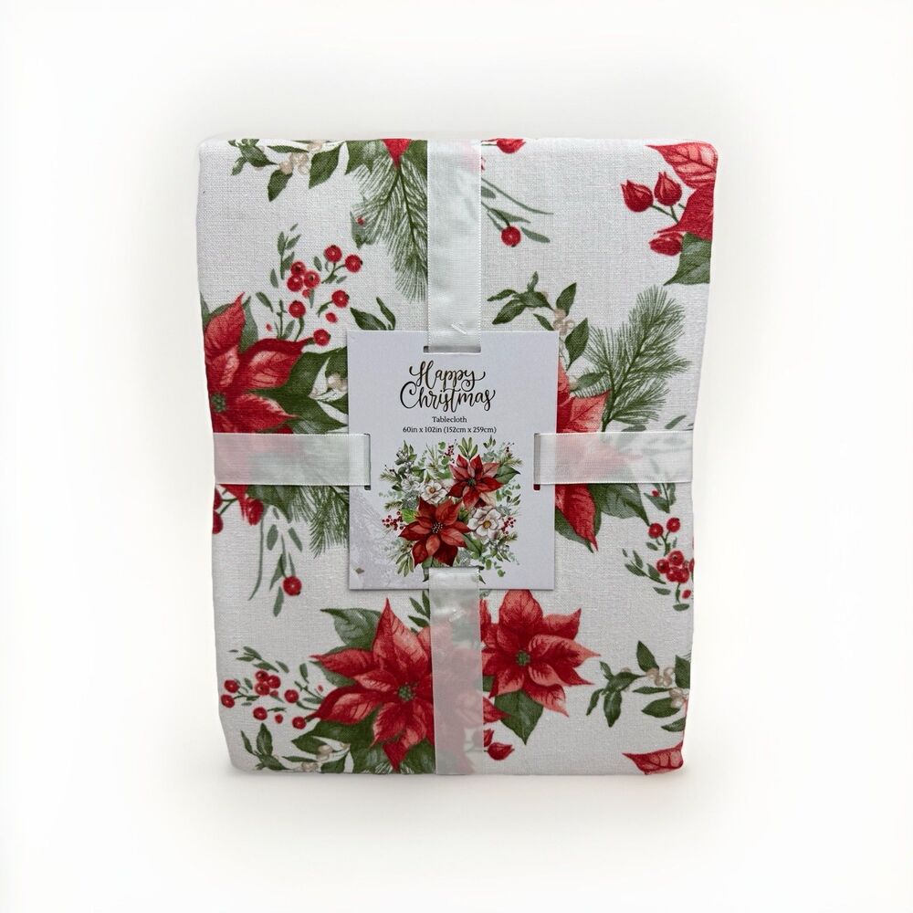 Mireille Designs Happy Christmas Tablecloth Oblong 60 by 102 inches Poinsettia